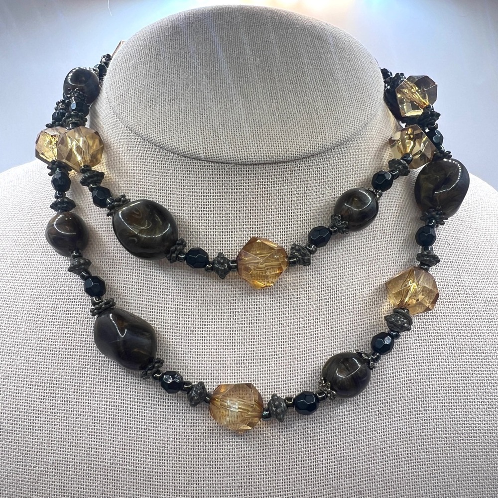 Long Beaded Necklace Brown Amber Black Faceted Beads Boho‎ Statement